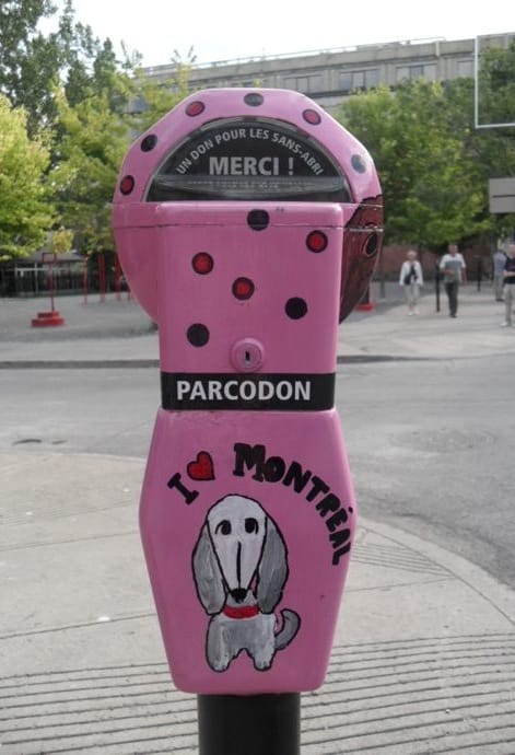 A parking meter in the Village (on Sainte-Catherine St.) decorated by local artist