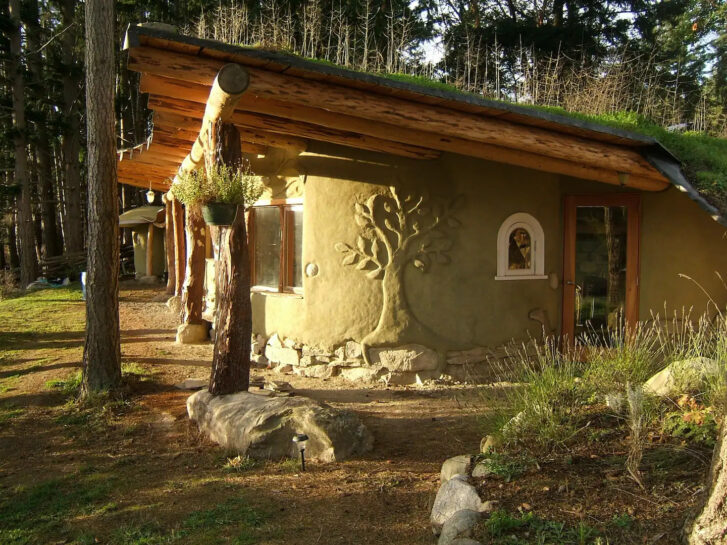 a ‘Tree of Life’ design on the side of a cob home