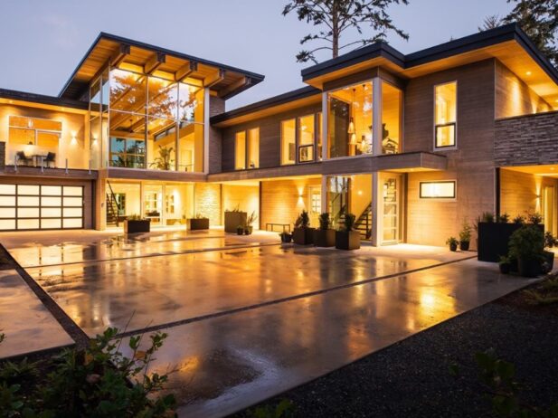 a shiny gold lit real estate mansion home