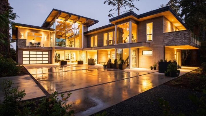 a shiny gold lit real estate mansion home