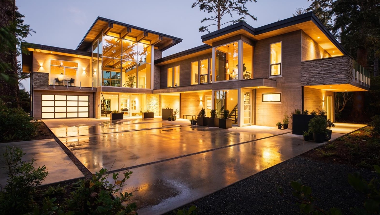 a shiny gold lit real estate mansion home