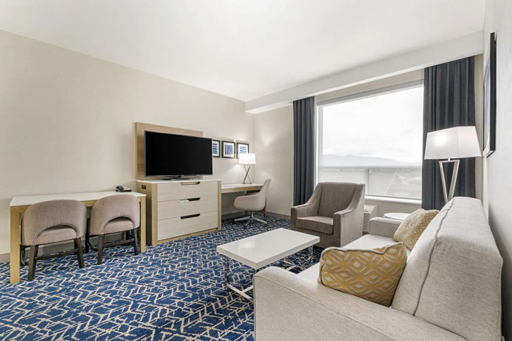 spacious guest room with tv on stand, wide window, couches, chairs and centre table on a florr rug