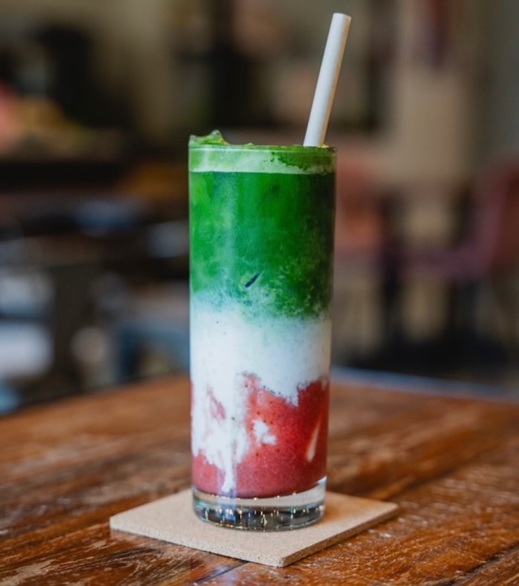 iced strawberry matcha drink from 93 Coffee in Vancouver