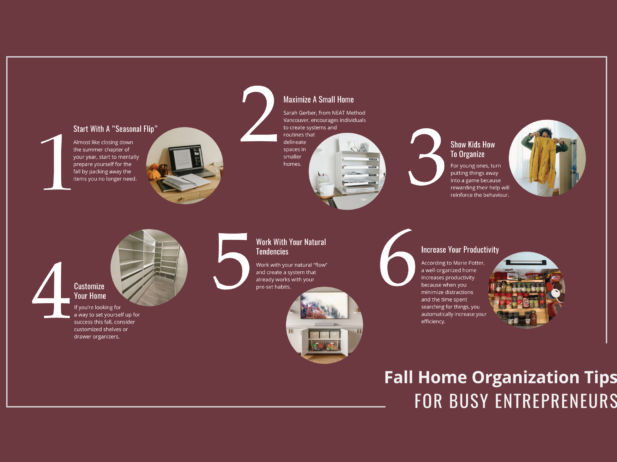 collage graphic that reads number one to six and "Fall Home Organization Tips for Busy Entrepreneurs"