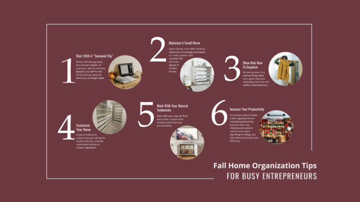 collage graphic that reads number one to six and "Fall Home Organization Tips for Busy Entrepreneurs"