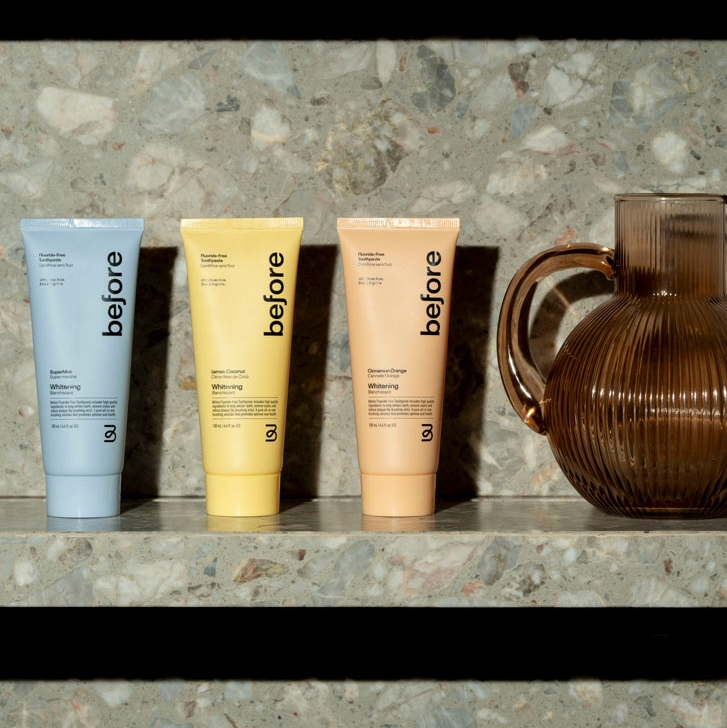 Before's three flavours of fluoride-free toothpaste on a counter