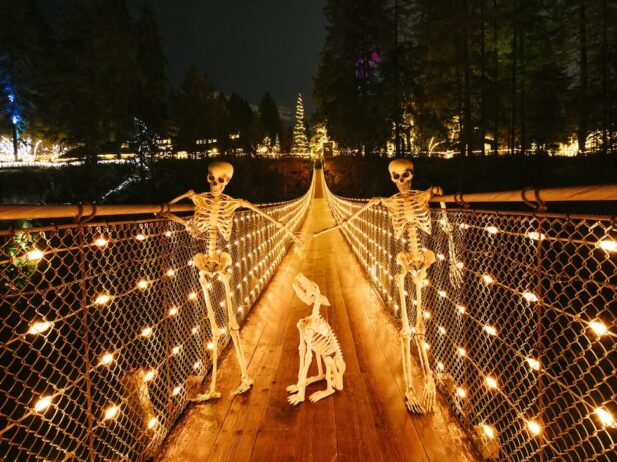 skeleton couples on a balcony