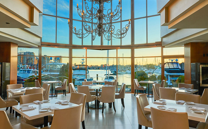 Interior of Dockside's dining room at sunrise