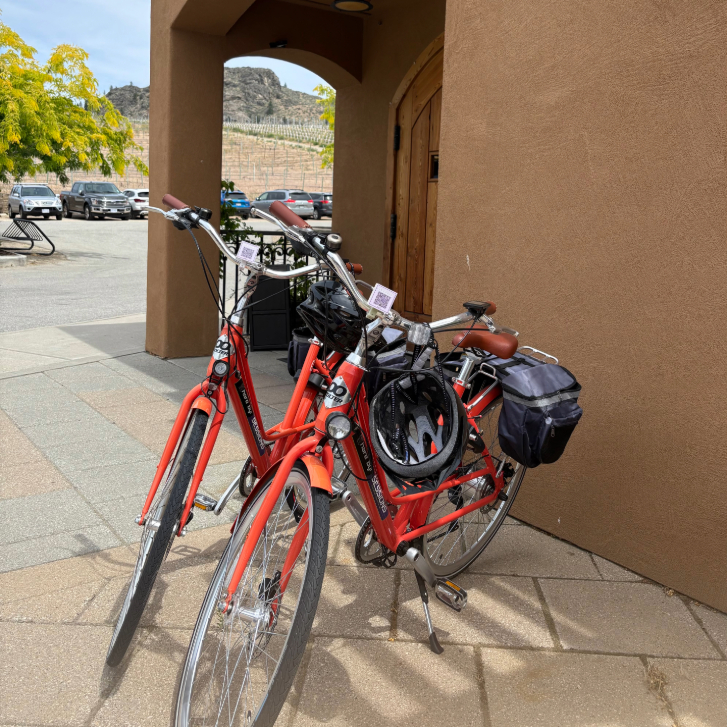 two orange e-bikes through Osoyoos