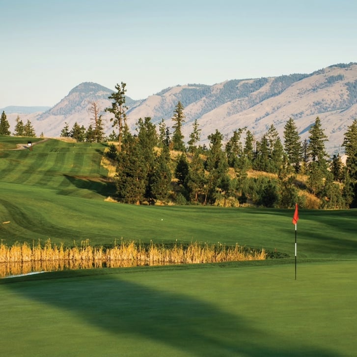 hole with flag and mountains at Eaglepoint Golf Resort in the Okanagan