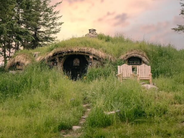 fantastical earth house with grass around it and around the surroundings