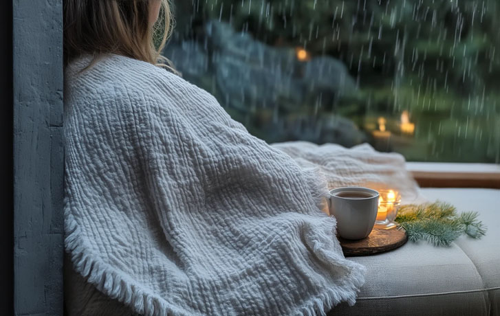 woman covered with a blanket while sitting on her outdoor couch with a cup of coffee and lit candles around on a rainy spa day