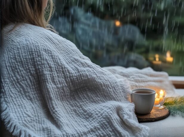 woman covered with a blanket while sitting on her outdoor couch with a cup of coffee and lit candles around on a rainy spa day