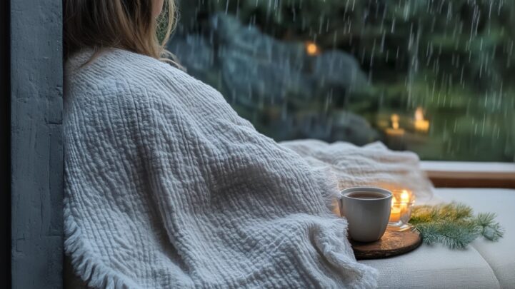 woman covered with a blanket while sitting on her outdoor couch with a cup of coffee and lit candles around on a rainy spa day