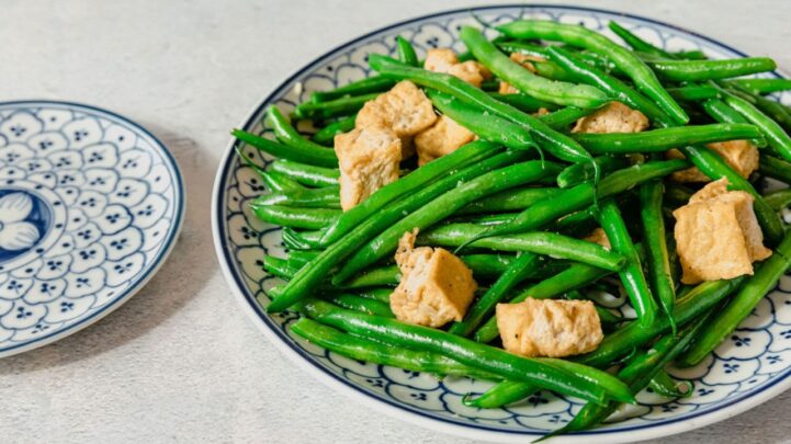 Anh and Chi Wok-fried Green Beans and Tofu on a plate