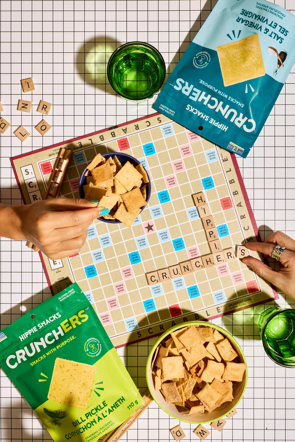 scrabble game board with hippe crunchers spelled out