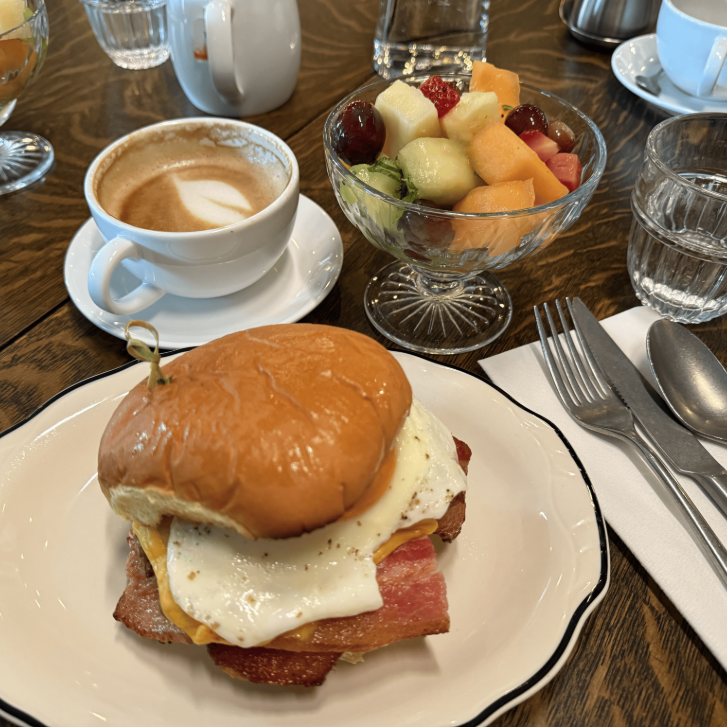 a sandwich, latte and fruit cup from Lorette Brasserie in Whistler