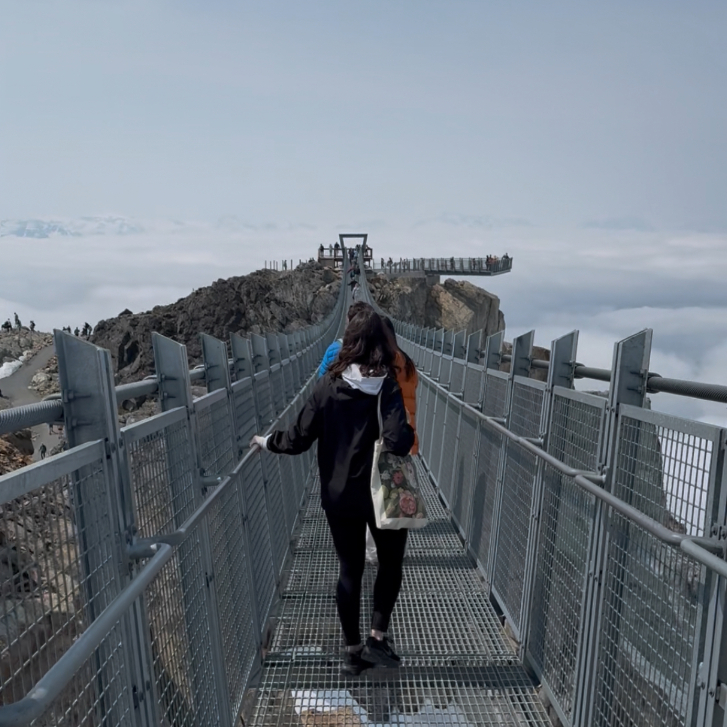 Walking the Cloudraker Skybridge suspended at the peak of Whistler Mountain. 