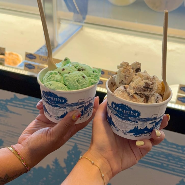 People holding two cups of ice cream side by side from Kawartha Dairy