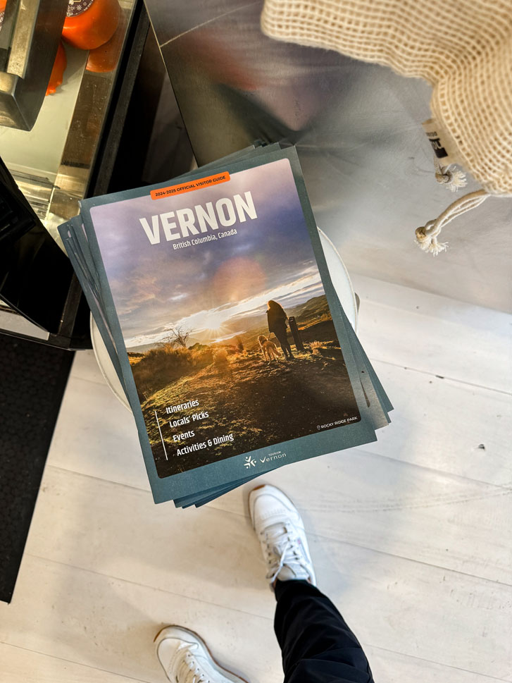 a discover vernon magazine with the words 'Vernon' and 'British Columbia, Canada'  as the header text and a picture of a woman standing with her dog on the sunny hills 