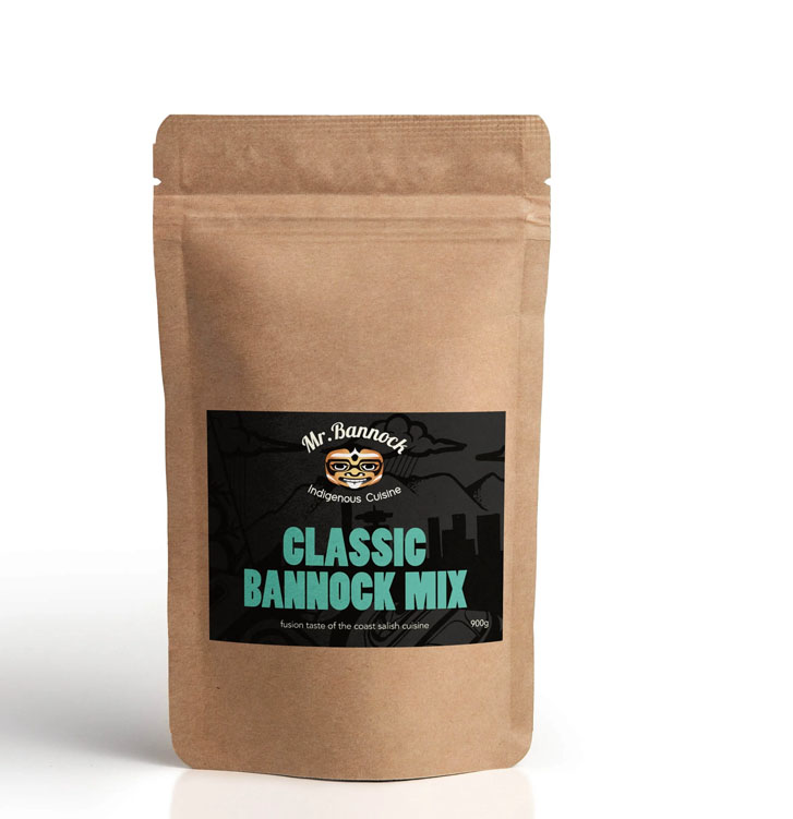 a brown package that reads "Mr Bannock Indigenous Cuisine, Classic Bannock Mix"