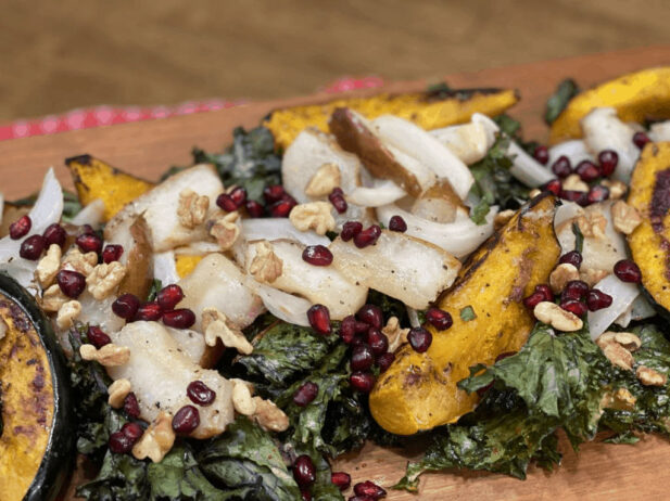 Roasted Pear and Squash With Kale and Honey Vinegar Drizzle