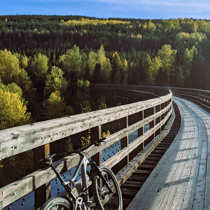 a bicycle resting on the side of a wooden paved road with high wooden rails