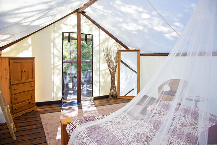 a room with a canopy roofing, a bed, a wooden clothe/cupboard stand, a mosquito net, a tall mirror, and a door-like net opening overlooking the deckfront into the rainforest