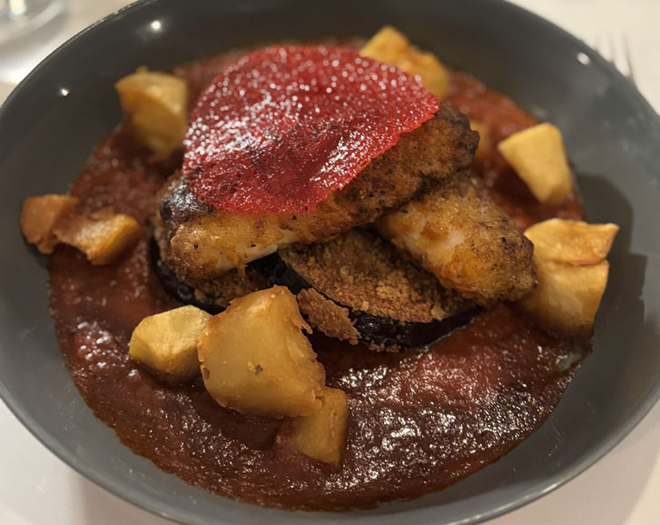 rioja-style lingcod with eggplant fritters.