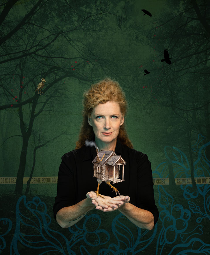 an art with a woman in front of a crime scene in the woods holding a chicken-legged moving house