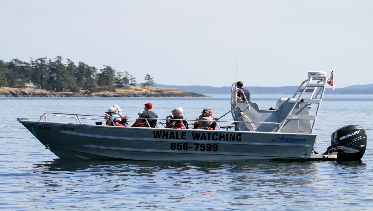 a group of people on a moving boat that says 'Whale Watching'