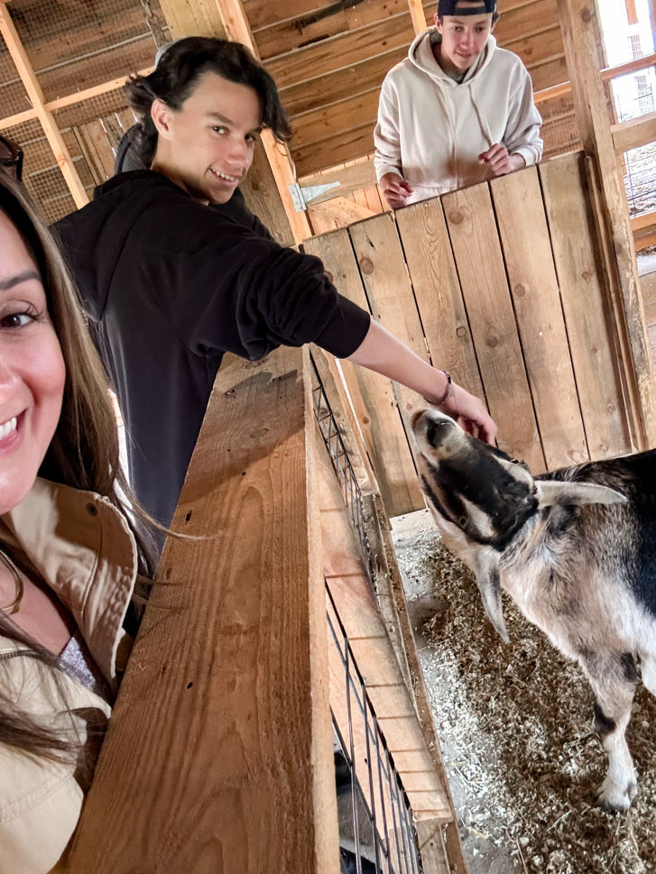 Teenage boys and a girl taking a picture with a barred goat