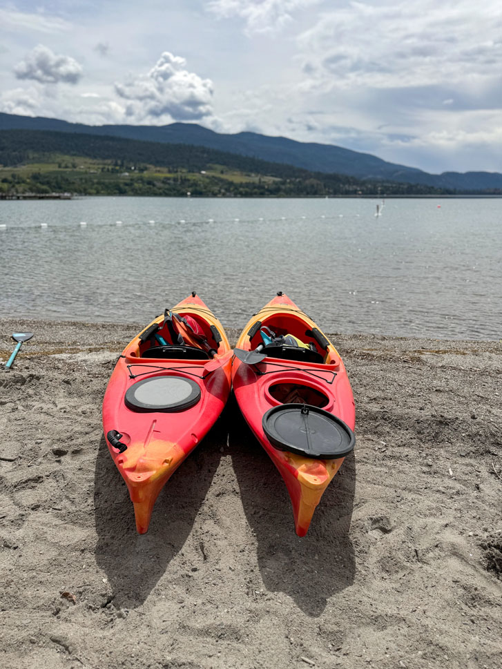 two colorful paddle boards on the beach in front of a huge lake