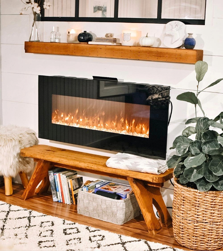living room fireplace with baskets