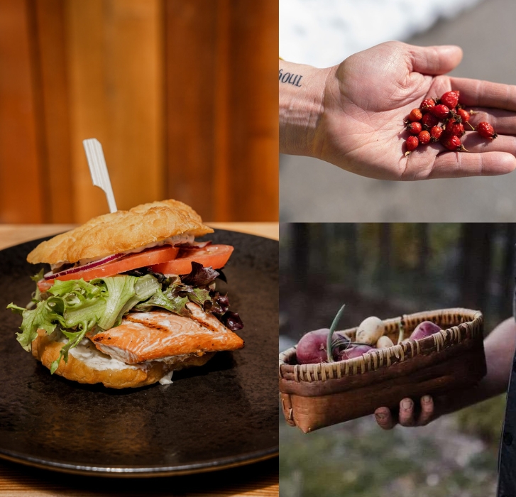 a salmon burger, root fruits and berries