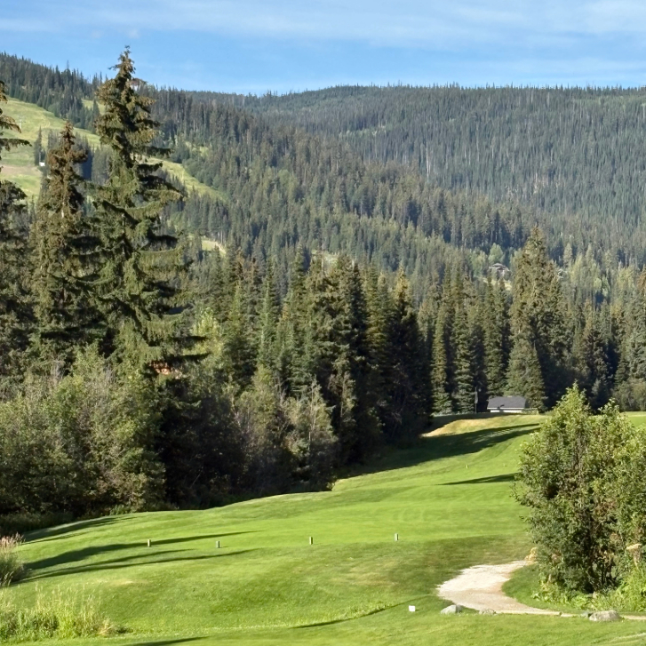 Views of the forest, mountains and golf course along the Valley Trail walk in Sun Peaks.